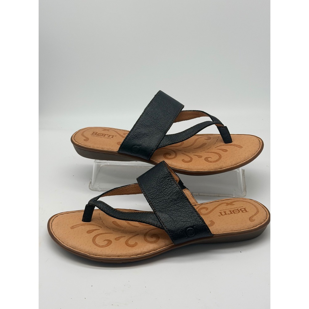 Born Womens 10 Black Leather Thong Sandals Flip Flops Comfort Slip On Shoes